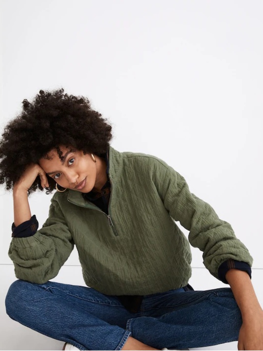 Madewell Diamond Jacquard Half-Zip Pullover Top Faded Palm Green Jacket Large